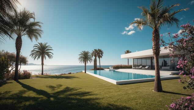 Summer vacation setting featuring seaside lodgings and sunny weather, suitable for travel promotion
