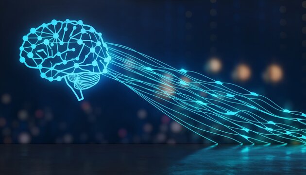 Glowing blue digital brain illustration with a neural network structure emitting streams of light representing data transfer on a dark futuristic background - Powered by Adobe