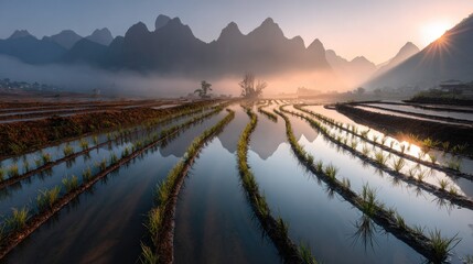 Symmetrical flooded rice terraces curve dramatically beneath distant misty mountains at sunrise