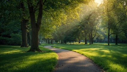 Urban trail in city park with morning sunlight and long shadows, highlighting spring greenery and landscape features, Earth Day