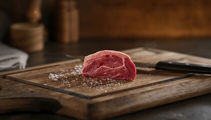 Meat presentation on a wooden surface with a knife, highlighting kitchen hygiene practices