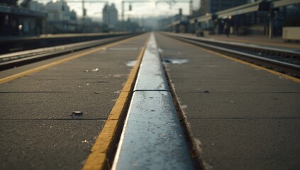 Empty train platform with rusted steel barrier, railroad tracks, and yellow dividing line, focusing on safety and infrastructure upkeep