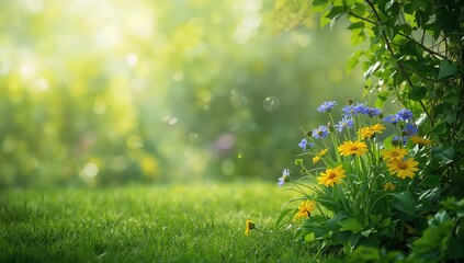 Bright garden with colorful wildflowers and abundant green foliage and ivy, ideal for text or UI backgrounds