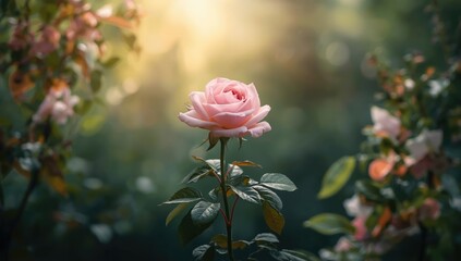 Pink rose bloom in a garden, suitable as a decorative backdrop for text or layout projects