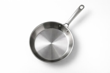 Overhead image of a stainless steel frying pan with white background for kitchenware and cooking concepts