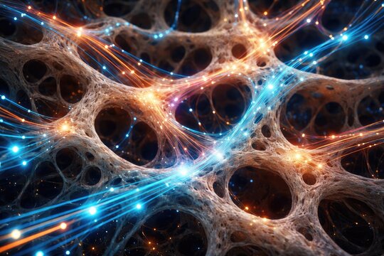 abstract network visualization with cellular data flow on porous bone like surface - Powered by Adobe