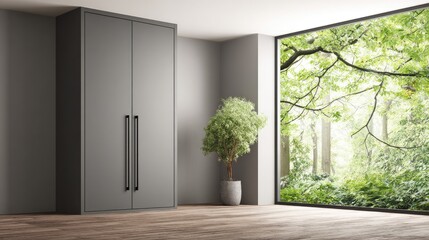 Modern room with gray wardrobe and large window overlooking a lush green forest.