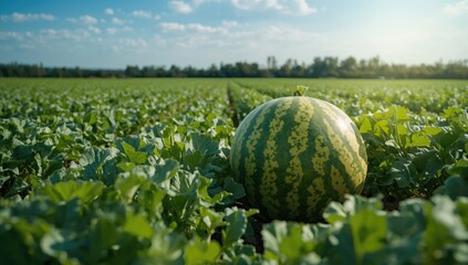 Summer watermelon crop with green stripes in an agricultural field, highlighting harvest season