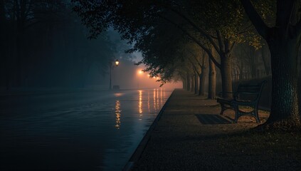 Nighttime cityscape with softly lit riverwalk and quiet bench, ideal as a background for editorial or informational overlays