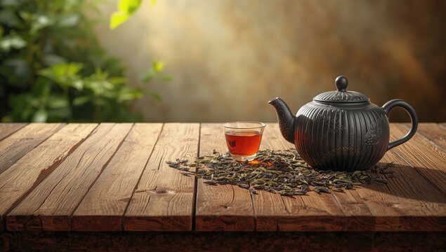 Tea leaves drying naturally beside a teapot, highlighting herbal infusion and organic materials