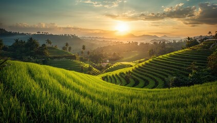 Rural Indonesian agriculture with lush rice fields and manual labor, highlighting seasonal planting activities