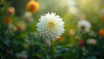 Fototapeta premium White dahlia flower in full bloom, ideal for botanical pattern design