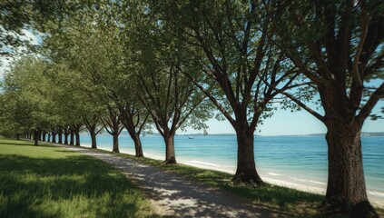 Obraz premium Lush corridor with trees approaching a water body, highlighting urban greenery and environmental preservation