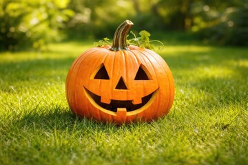 Obraz premium Cheerful Halloween Jack O Lantern pet posed on full length green lawn in summer light