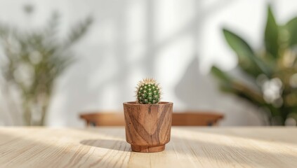 Obraz premium Miniature cactus in a pot used as an interior accent, highlighting plant care