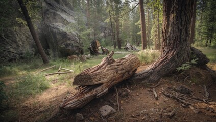 Ancient fossilized trees within a park landscape in South Dakota, natural history, family activity