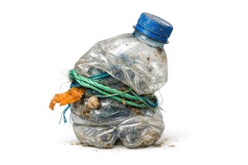 High resolution image of a deformed plastic bottle on white background depicting ocean waste issues