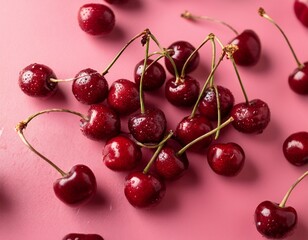 photo depiction of plump glistening red cherries scattered artfully on a smooth bright pink surface with distinct