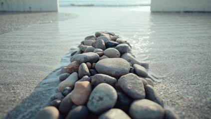 Close-up of textured river stones arranged for landscape or architectural applications, highlighting natural materials