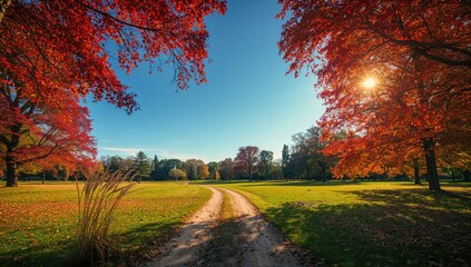 Sunlit park trail with bright autumn trees lining the dirt path, featuring overhanging branches and clear blue sky, during fall season