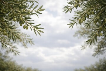 Obraz premium Cloudy day scene of olive branches with lush leaves and copy space area