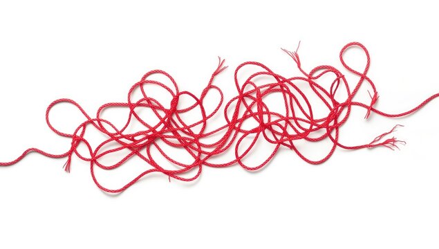 Red string laid out in a straight line on a white surface for visual organization or pattern planning, focus on minimalism