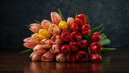 Elegant tulip bouquet designed for holidays such as Women's Day or Valentine's Day, placed on a dark reflective surface, floral arrangement for commemorations