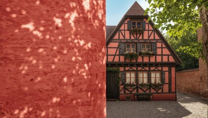 Traditional timber-framed buildings in a European village setting, architectural heritage
