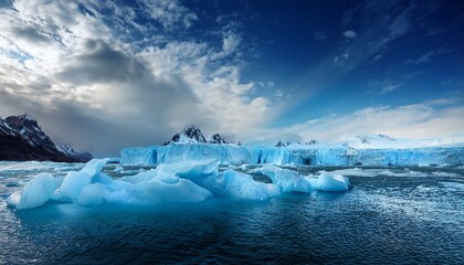 majestic and dramatic polar landscape featuring sharp jagged blue ice formations and glaciers sculpted by nature under a vast sky with dynamic clouds