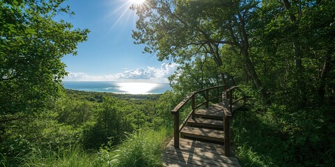Montauk stairway to heaven, coastal path with ascending stairs amidst natural surroundings