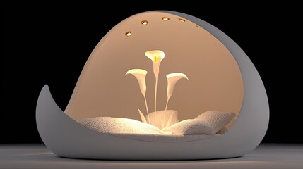 Modern futuristic pod bed features integrated organic shaped lighting against a dark background