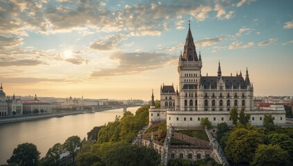 Naklejka premium Cityscape of Budapest showcasing bridges and riverfront, highlighting urban preservation during seasonal transition