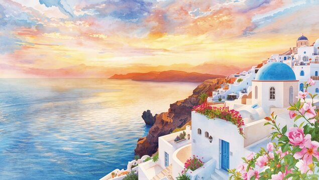 Watercolor painting of a coastal sun scene, designed as an editorial header background