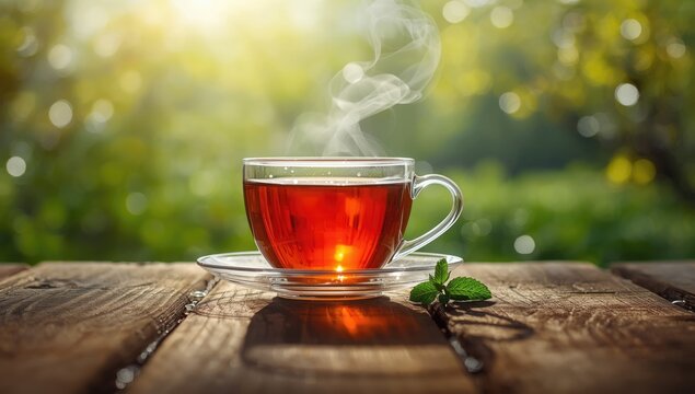 Black tea presented against a lush outdoor backdrop highlighting natural health benefits, spring light
