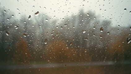 Raindrops accumulating on a window during fall with a visible tree scene, used for UI backgrounds