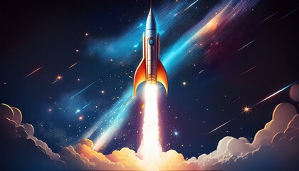 spectacular vertical rocket launch with digital particle trail under starry night