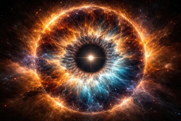 Heavenly iris made of eruptive blue and orange nebula fumes in a glowing circle