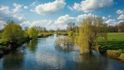 Fototapeta premium Springtime river scenery featuring flowing water and vibrant foliage, ideal for editorial header backgrounds, Earth Day