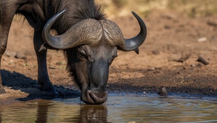 Obraz premium African buffalo drinking from water puddle, highlighting wildlife hydration in natural habitats, World Wildlife Day