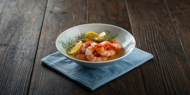 Seafood dish featuring North Sea brown shrimp with lemon, red onion, and dill in a porcelain bowl on a light blue napkin, food styling for coastal cuisine, World Food Day