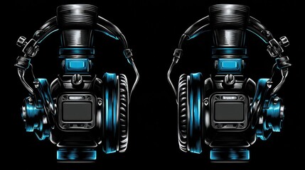 Stylized pair of over-ear audio devices glows with bright electric blue illumination against a dark background