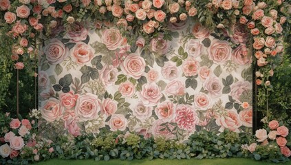 Wedding decoration with a rose-patterned flower backdrop, floral theme for celebration