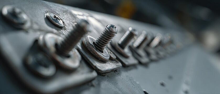 Closeup of shiny metal screws and bolts on an industrial surface, showcasing intricate mechanical parts and engineering detail Concept of precision, strength, and technology