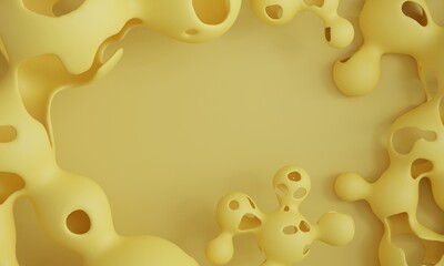 Yellow abstract background with smooth geometric shapes, copy space in center for your text. minimalistic design of backdrop which reminds cheese composition. 3D rendering of cheese backdrop for menu