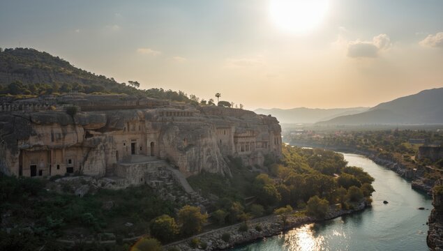 Lycian tombs carved into cliffs at Dalyan in Mugla Province, Turkey, showcasing ancient burial practices
