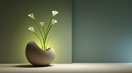 Five white trumpet-shaped flowers illuminate from within a unique sculpted planter set against muted wall panels