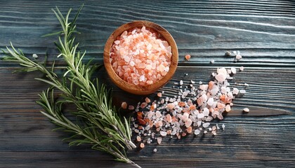 himalayan salt with rosemary and sea salt on wooden background generative ai