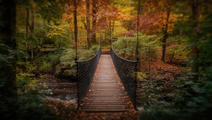 Autumn leaves scattered across a wooden suspension bridge, emphasizing seasonal transition