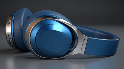 Luxurious over ear audio device displays vibrant blue metallic finish with polished metal accents