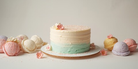 Birthday cake with pastel colors, cream, and ice cream, celebration and festive atmosphere